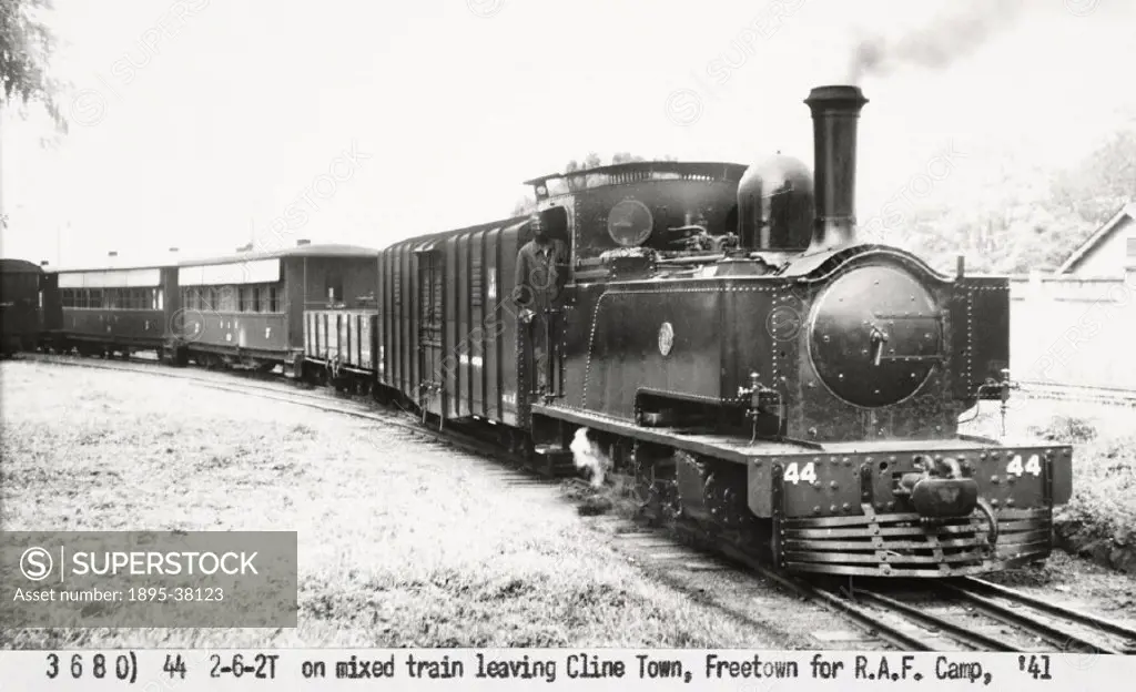 A 2-6-2 tank engine number 44 with a mixed freight and passenger train at Freetown, Sierra Leone, 1941.  At this time Sierra Leone was under British r...