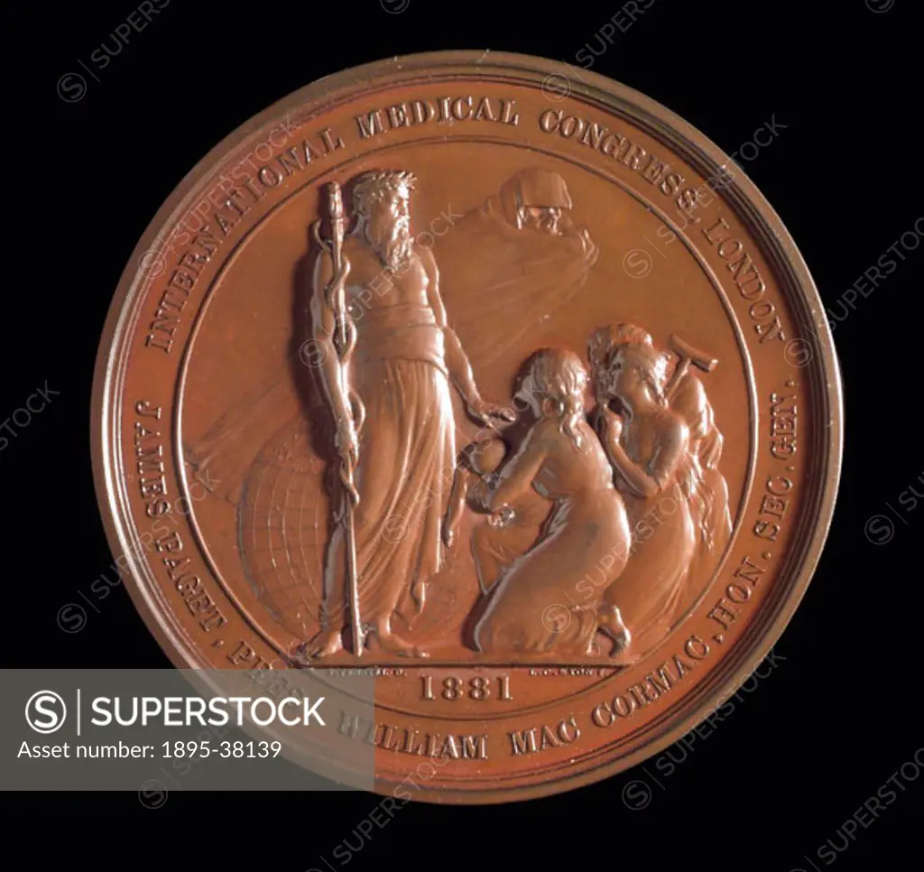 Medal of the International Medical Congress held in London. The design, by Tenniel and Wyon, shows mothers holding up their children to the legendary ...