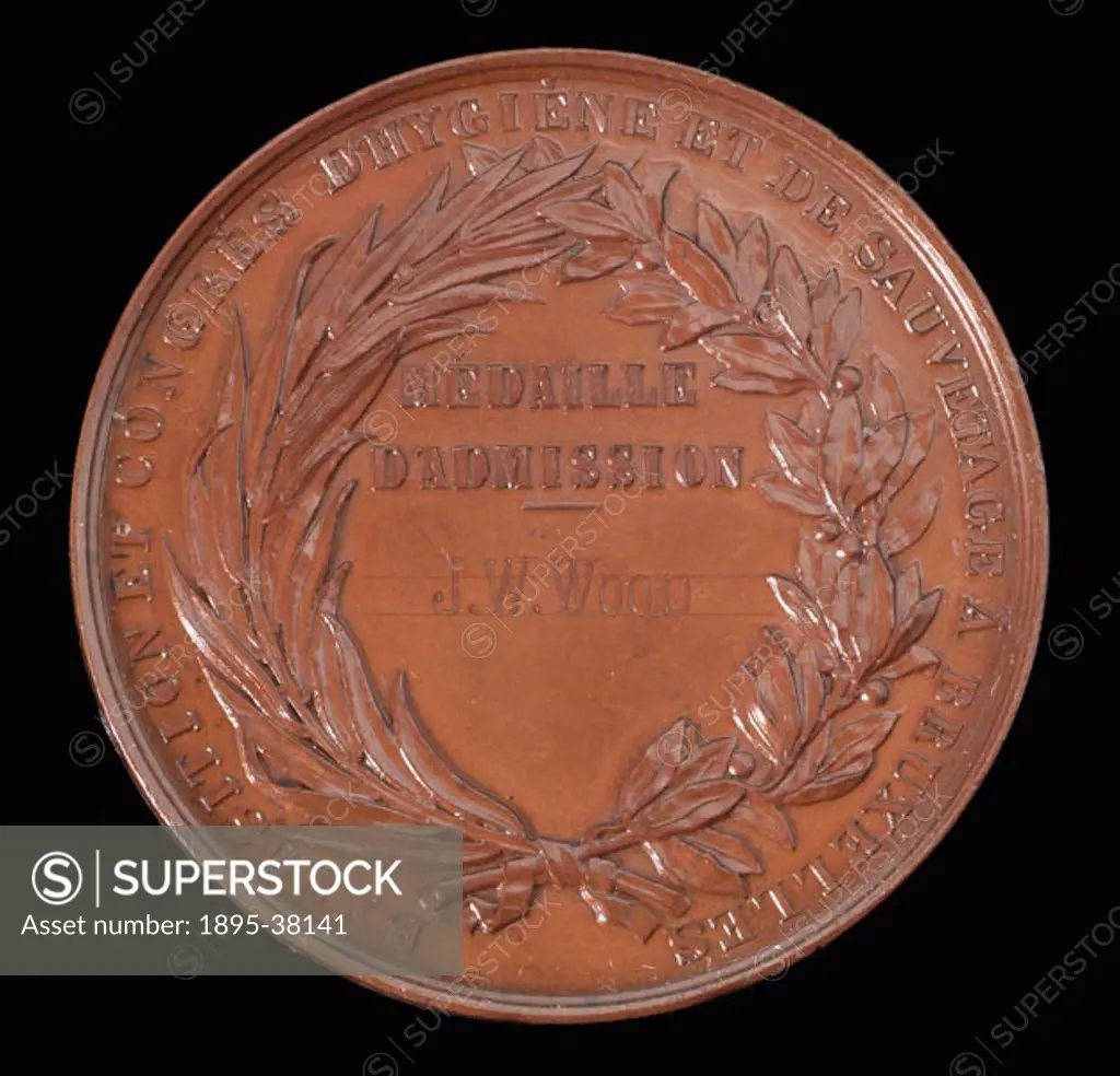 Bronze ticket medal, issued to J W Wood, for admission to and in commemoration of the Exposition et Congres d´Hygiene et de Sauvetage  (Congress and E...