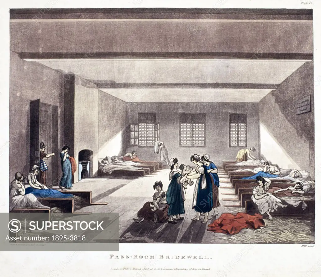 Aquatint by Hill after an original drawing Thomas Rowlandson (1756-1827) and Augustus Pugin (1762-1832), showing women at Bridewell Prison, London. Ta...