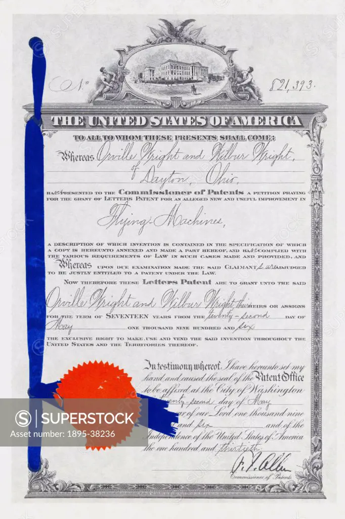 Submitted in 1903, the Wright brothers finally received this patent in 1906 for their airplane that they tested in North Carolina. Their application ...