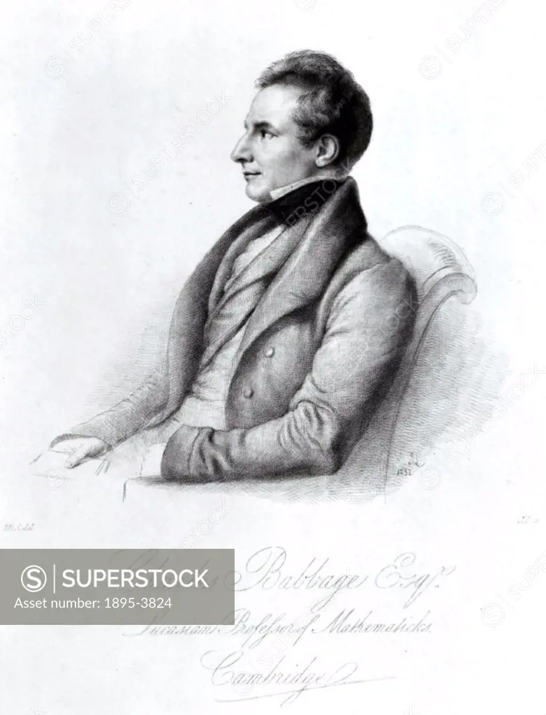 Stipple engraving after a portrait by John Linnell of Charles Babbage (1791-1871). Babbage was a computer pioneer, inventor, reformer, mathematician, ...
