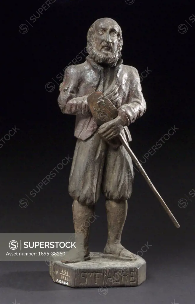 Wooden figure of Saint Fiacre, patron of gardeners and sufferers from haemorrhoids.