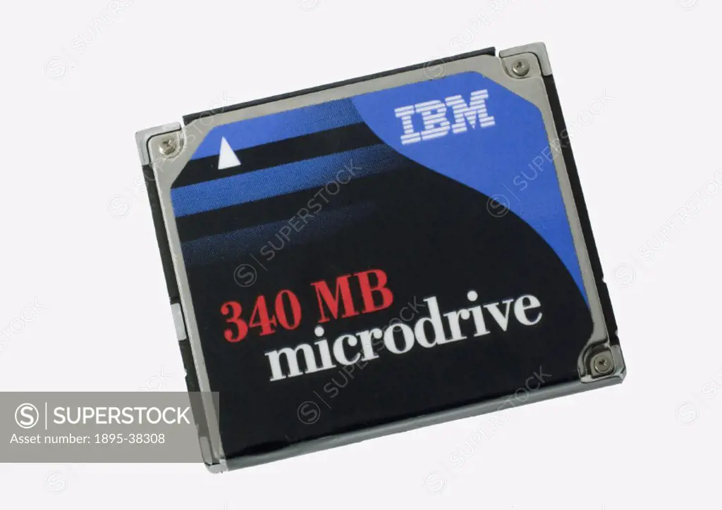 IBM 340 MB microdrive, for use with a digital camera. The IBM microdrive is a small hard drive and therefore has a much larger capacity than solid sta...