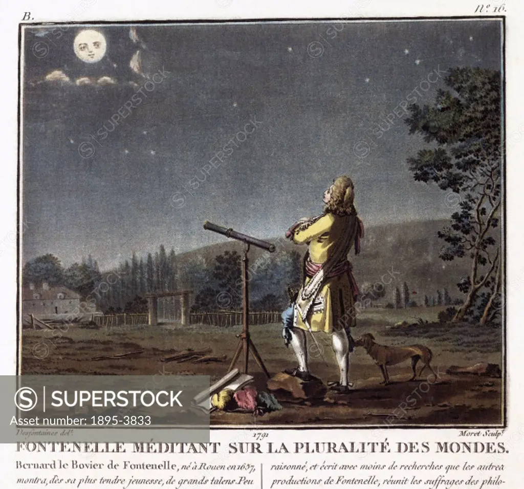 Fontenelle Meditant sur la Pluralite des Mondes’. Engraving made in 1791 by Moret after Desfontaines, of Bernard Le Bovier de Fontenelle (1657-1757),...