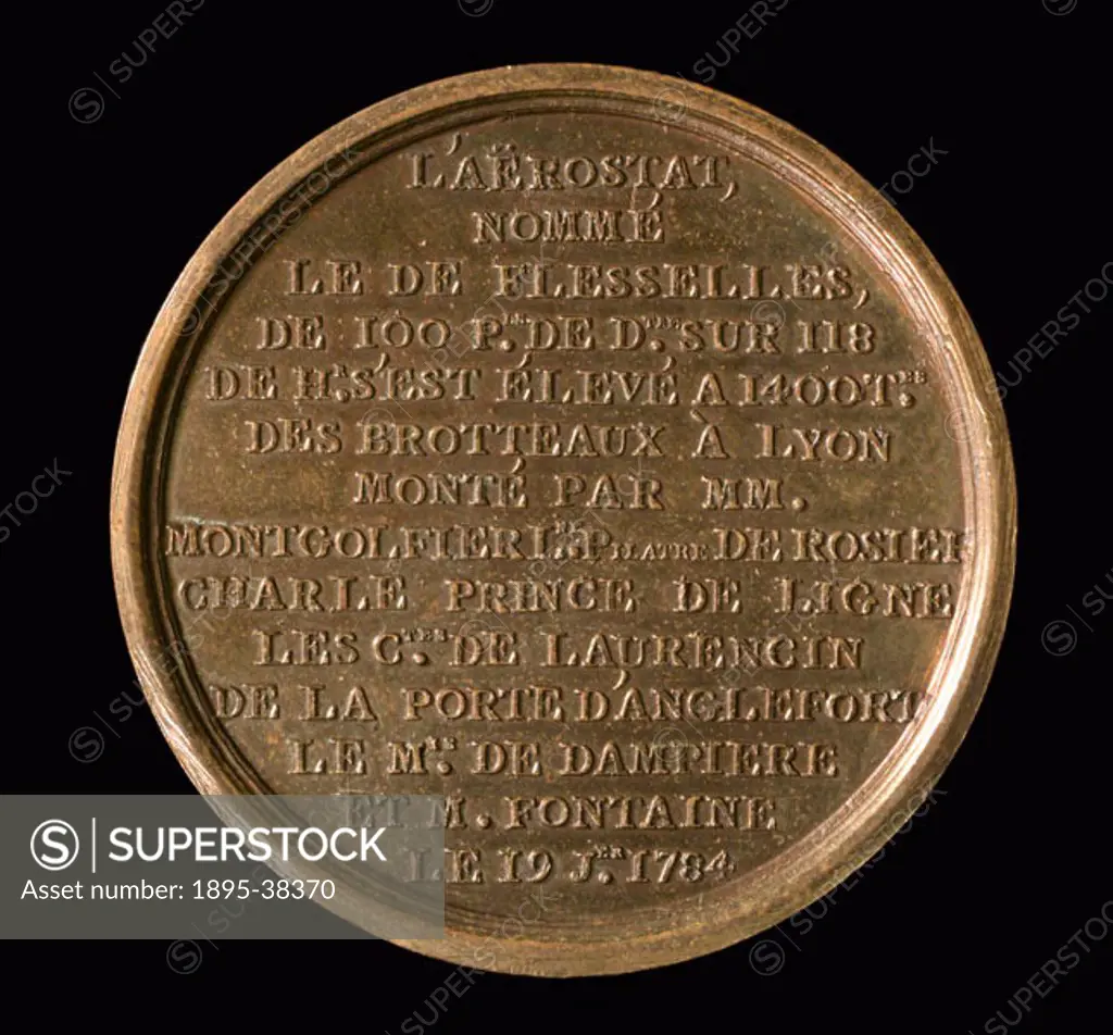 Medal struck to commemorate the flight of ´Le Flesselles´, at Lyon which carried seven people on 19 January 1784. The Montgolfier brothers named the b...