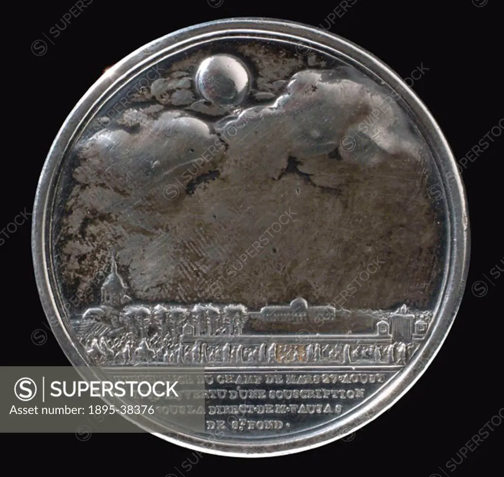 Medal struck to commemorate the balloon ascent from the Champ de Mars on 27 August 1783. After the pioneering Montgolfier brothers success, Jacques C...