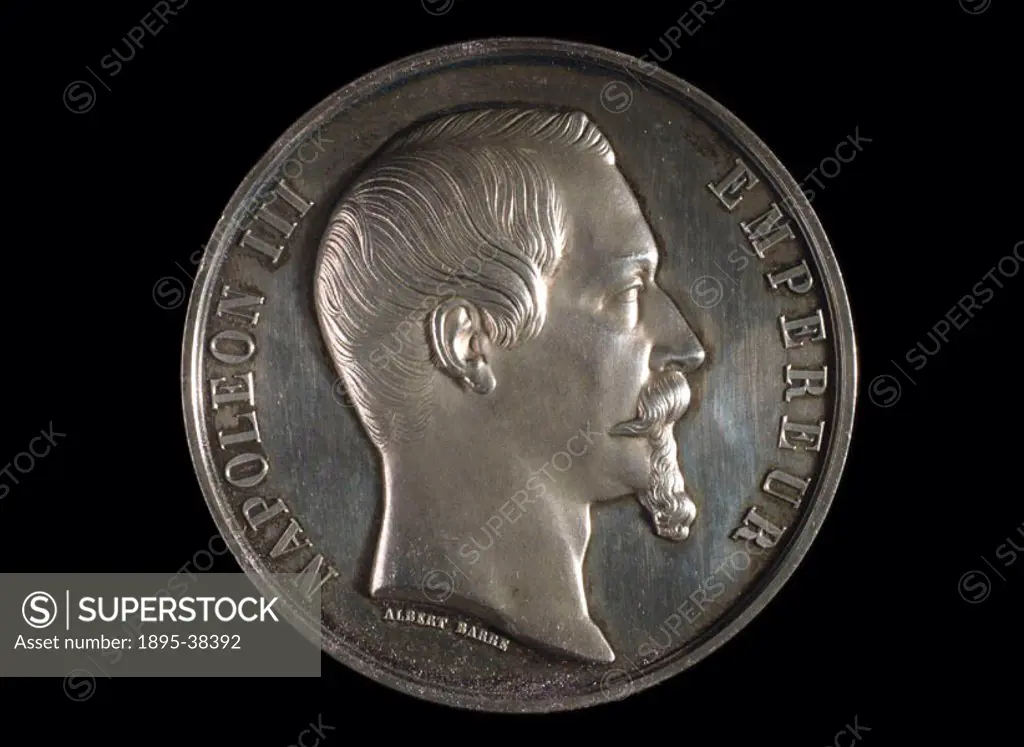 Medal awarded to Ludwig and Henry Oertling for their chemical balances, showing a relief portrait by Albert Barre of Napoleon III, Emperor of France (...