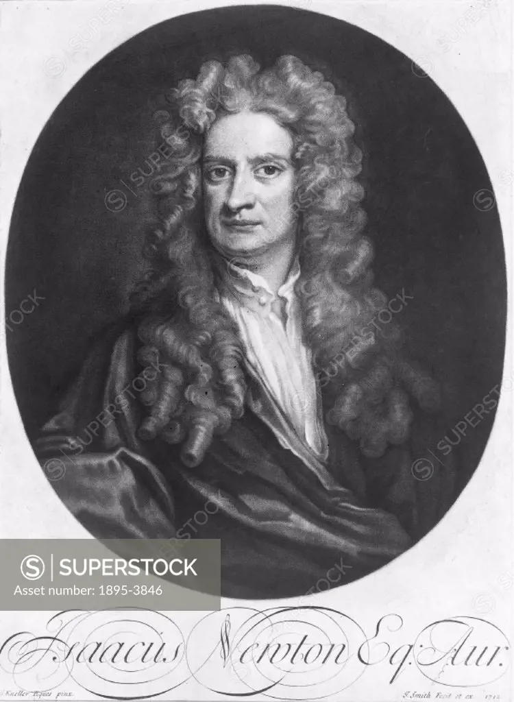 Engraving by J Smith after the painting by Sir Godfrey Kneller. Isaac Newton (1642-1727) graduated from Trinity College, Cambridge in 1665, becoming L...