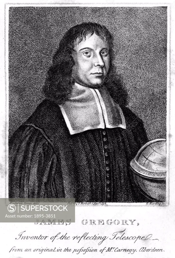 Engraving by Edward Harding after an earlier drawing by David Steuart Erskine. Gregory (1638-1675) invented the Gregorian reflecting telescope in 1661...
