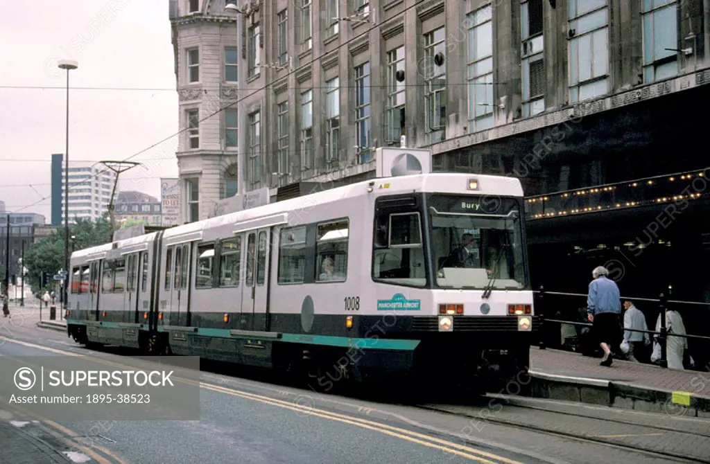Electric tram in Bury, Greater Manchester, on the Manchester Metro, by Lynn Patrick, 1996. Trams were first used in Britain in the 1850s in Liverpool....