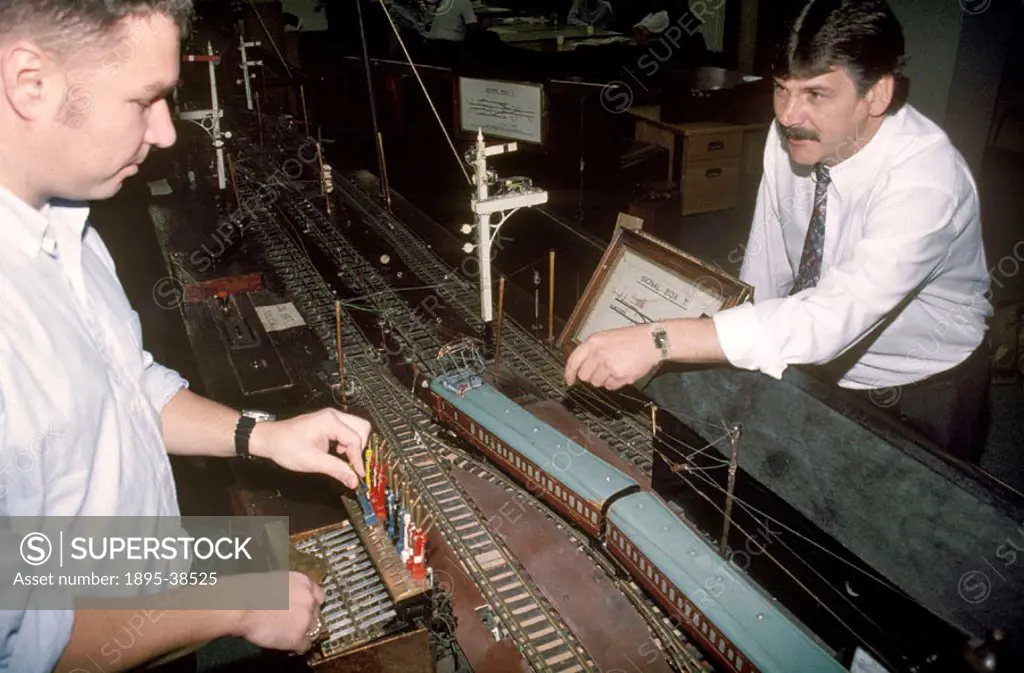 Student at Manchester Victoria´s signalling school, by Lynn Patrick, 1996. Signalling students use models to learn how to work points and the meanings...
