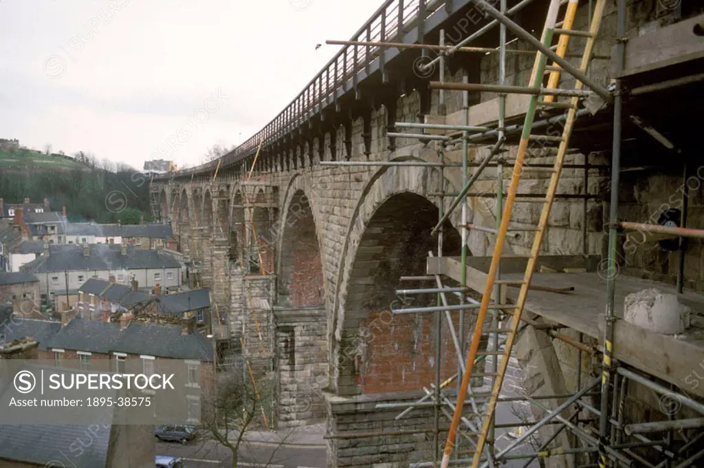 Durham Viaduct, by Chris Hogg, 12 March 1989. The viaduct has scaffolding on it. At this time workers were carrying out maintenance and construction w...