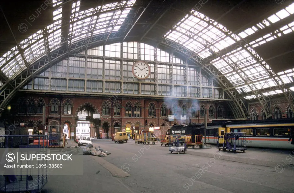 Inside St Pancras, 7 January 1988. The station was built in the 1860s as a terminus for the Midland Railway´s line to London. It was designed by the c...