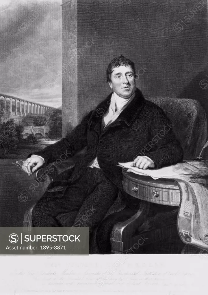 Engraving after Lane, published 10 January 1831 of Thomas Telford (1757-1834). Telford was responsible for some of the finest feats of civil engineeri...