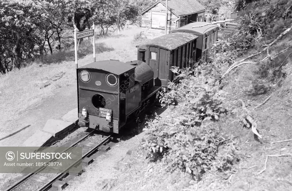 Abergynolwyn station, Gwynedd, on the Talyllyn Railway, by J G Click, 1958.  This narrow gauge railway was built in 1864 to carry slate 7 miles from m...