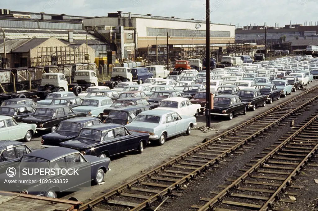 Ford cars at Dagenham, Essex, 1965. These cars are at a depot, waiting to be transported by rail.  Industries were now relying more and more heavily o...
