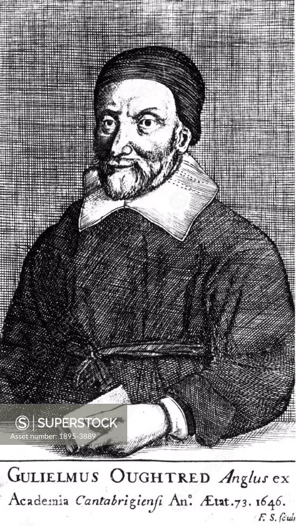 Engraving of William Oughtred (1575-1660) who wrote extensively on mathematics. In ´Clavis Mathematica´ (1631), a textbook on arithmetic and algebra, ...