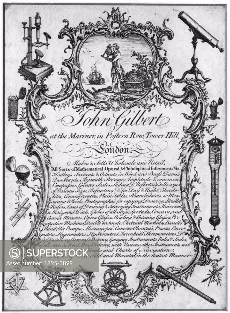 The card details ´all sorts of mathematical, optical and philosophical instruments´ that it is possible to order. The detail shows an observer with an...