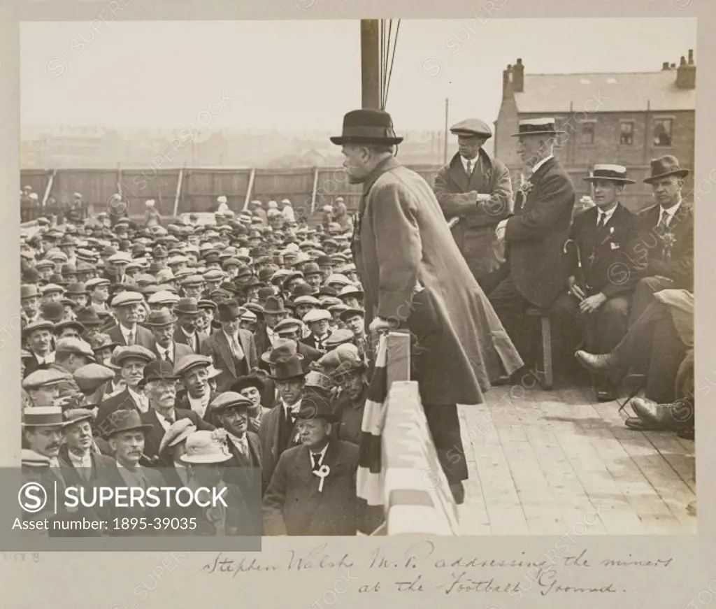 Stephen Walsh MP addressing miners at Blackpool football ground, 21 June 1919. The miners travelled to Blackpool to take part in a meeting of the Lanc...
