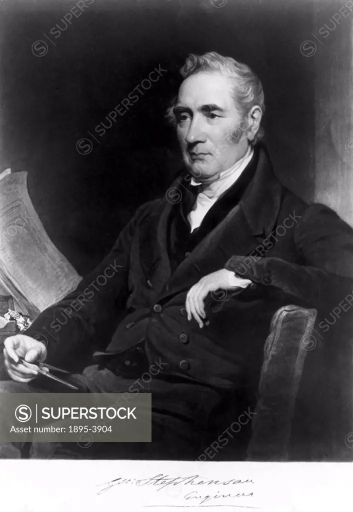 Mezzotint by C Turner after a painting by H P Briggs of George Stephenson (1781-1848). A self-educated man, Stephenson commenced his working life as a...