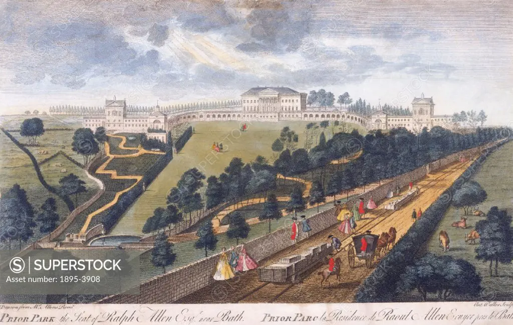 Hand-coloured line engraving after a drawing by Anthony Walker (1726-1765), published in 1752, showing a railway on the country estate of Ralph Allen ...