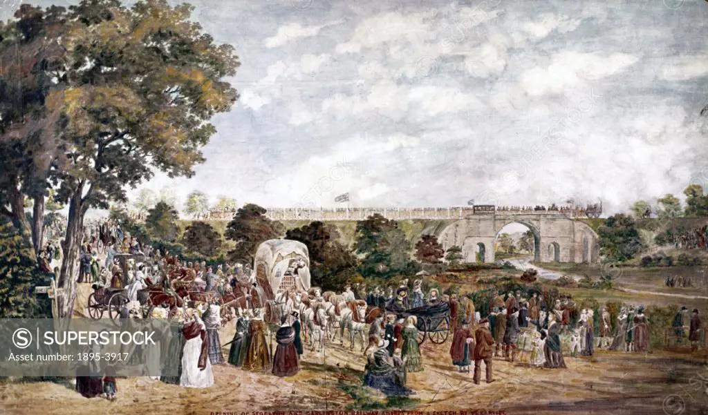 Watercolour by John Dobbin showing crowds gathered at the opening of the Stockton & Darlington Railway. The S&DR was built under the guidance of the c...