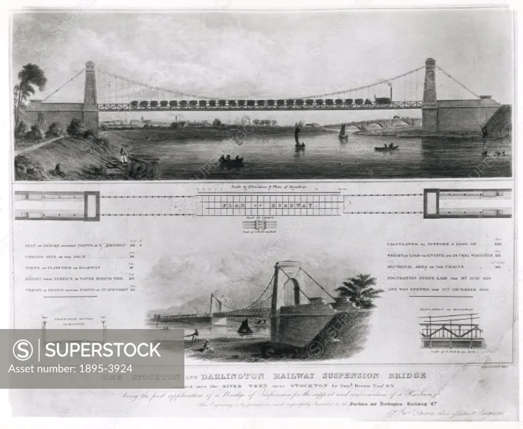 Engraving by W Miller, after J Dixon, showing the Stockton & Darlington Railway Suspension Bridge over the River Tees, near Stockton. The bottom half ...