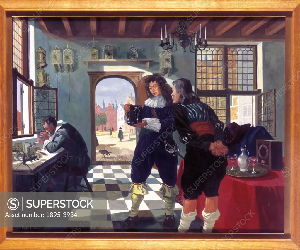 Oil painting by Hugh Chevins, 1955, showing Huygens and Coster with their first pendulum clock. Christiaan Huygens (1629-1693), a Dutch physicist, des...