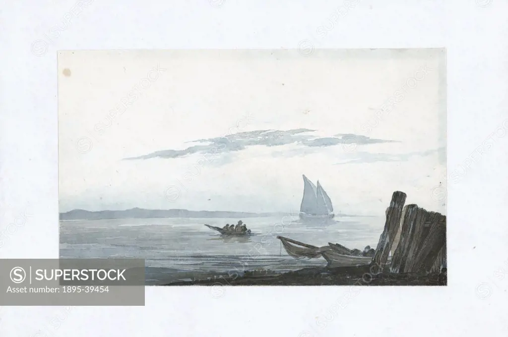 Blue and sepia wash cloud study by Luke Howard, showing ships boats and a larger sailing ship in the distance. Ordering and classification were import...