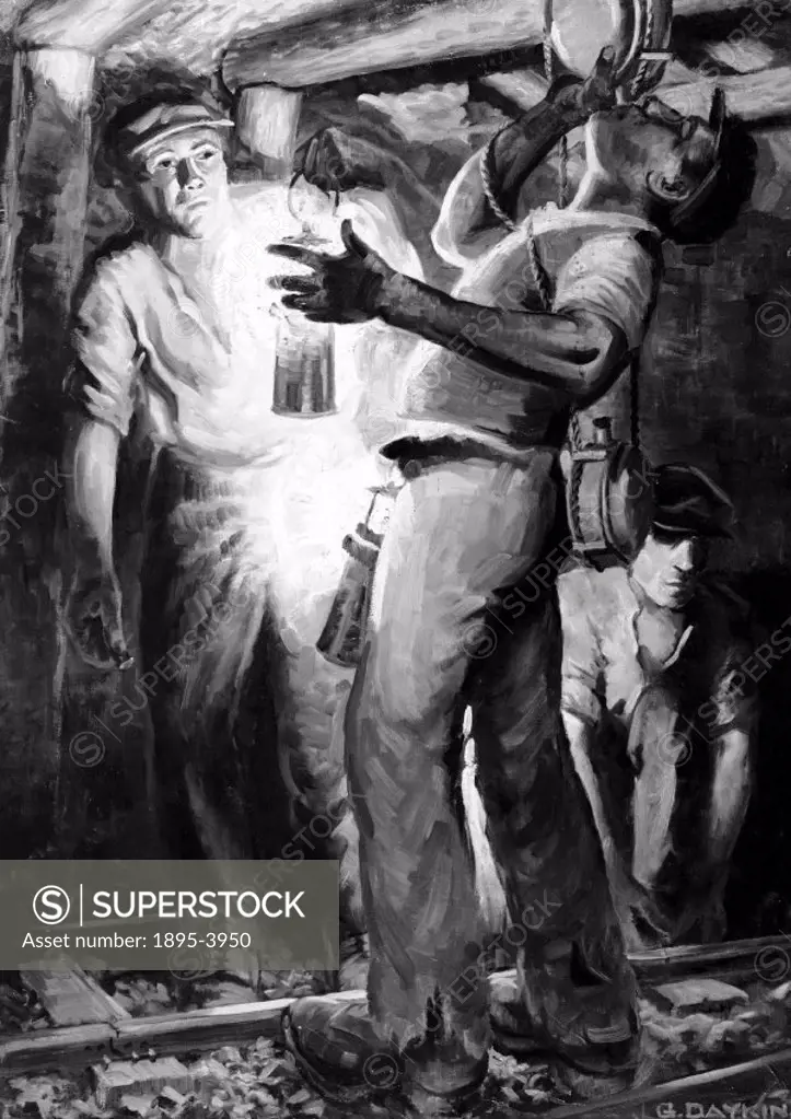 Oil painting by Gilbert Daykin showing three miners in a coal mine, one of whom is taking a drink from his Dudley, a water bottle with a capacity of t...