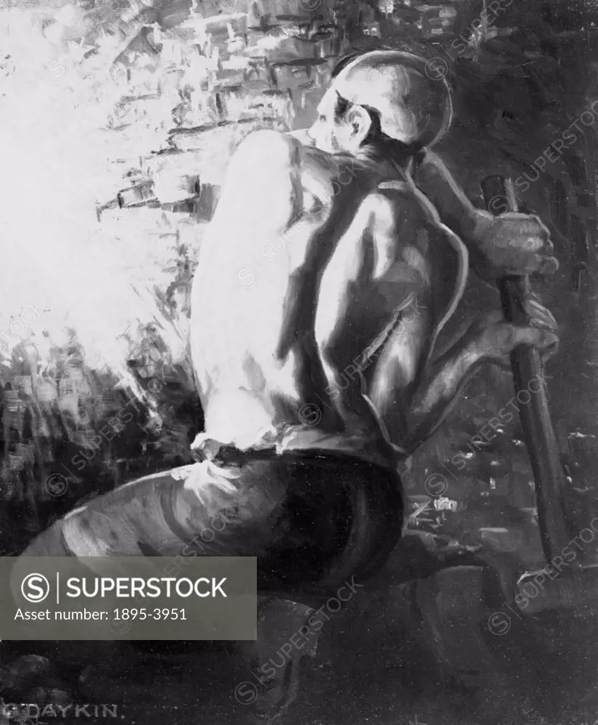 Oil painting by Gilbert Daykin showing a miner wielding a sledgehammer to wedge down coal that has been undercut. Daykin (1886-1939), a miner himself,...