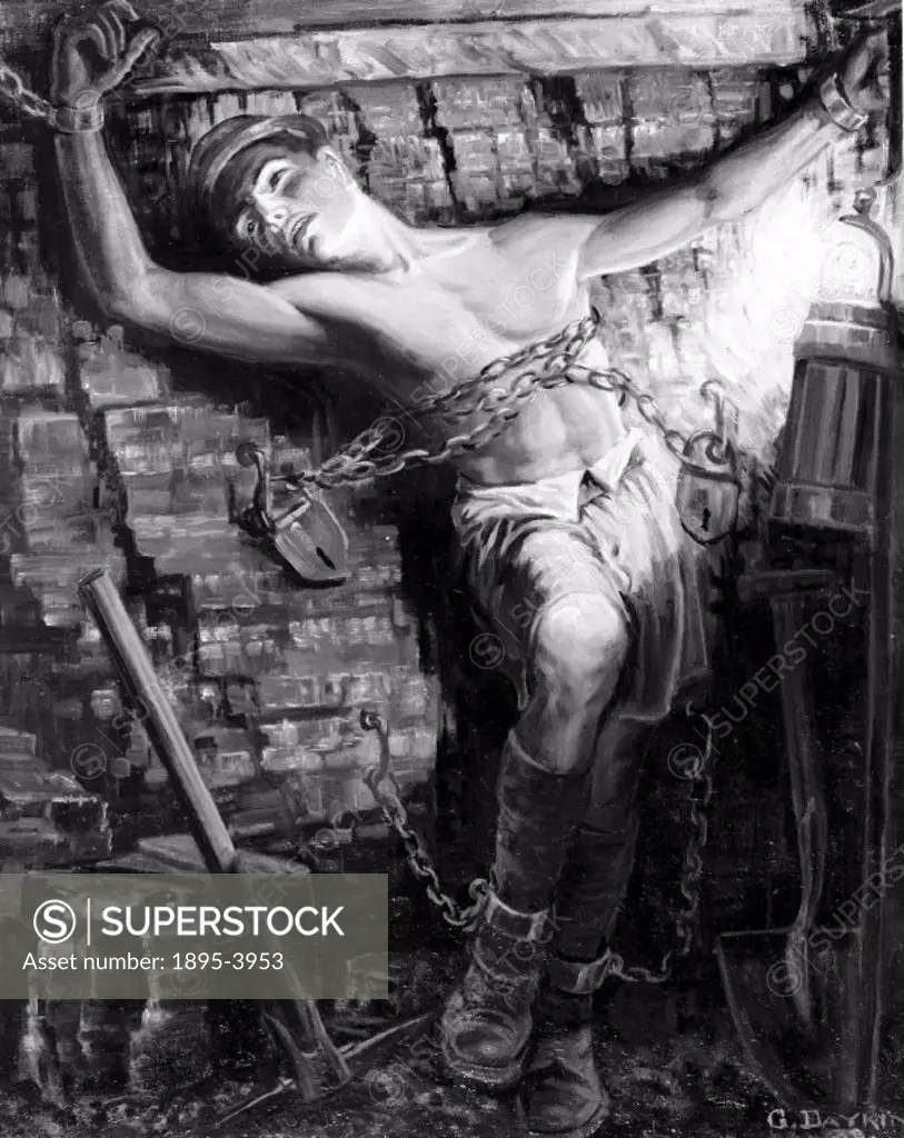 Oil painting by Gilbert Daykin, symbolically showing a miner in chains, enslaved by his trade. Daykin (1886-1939) himself remained a miner in spite of...