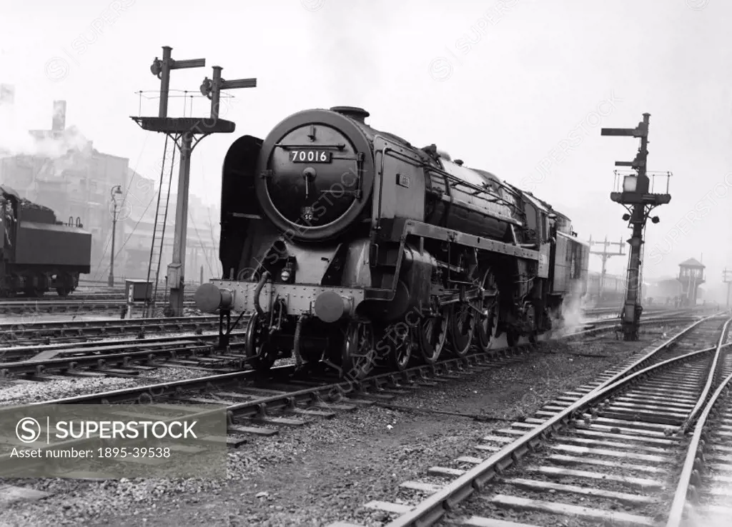 Britannia class 4-6-2 locomotive number 70016 ´Ariel´ in Leeds, by Eric Treacy, about 1952. This locomotive is a British Railways standard class 7.  I...