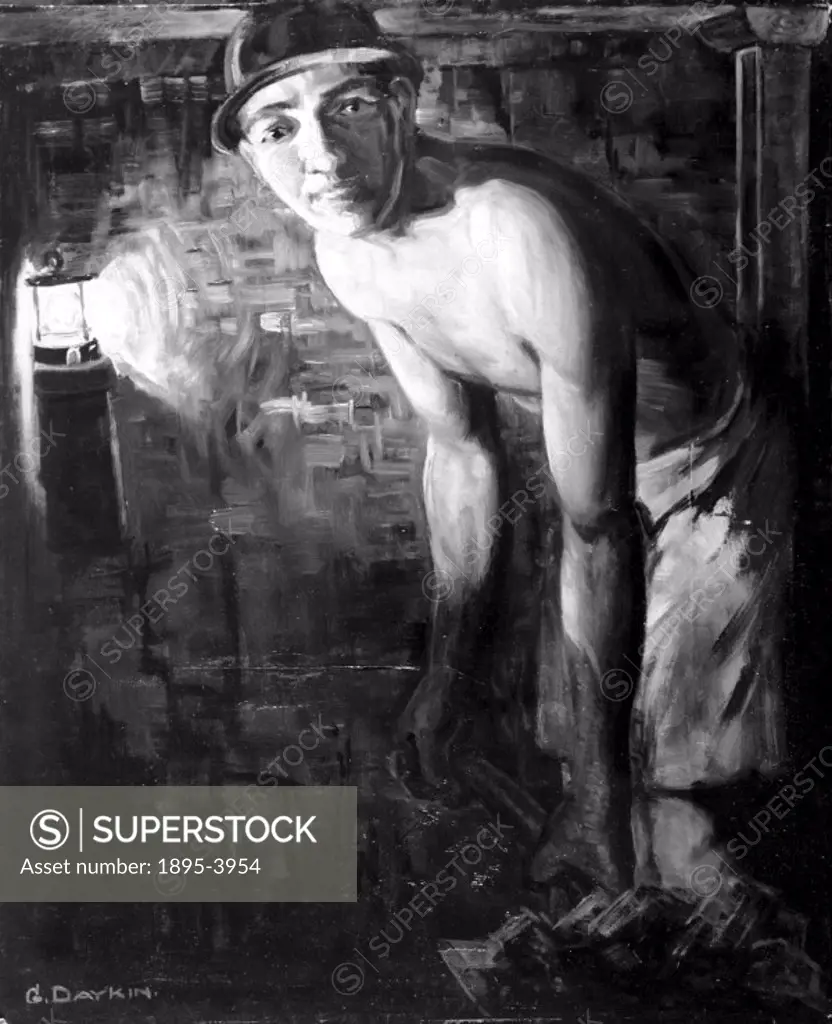 Oil painting by Gilbert Daykin, a design for a poster for the Staveley Coal and Iron Company at the time of increased coal prices. A smiling miner loo...