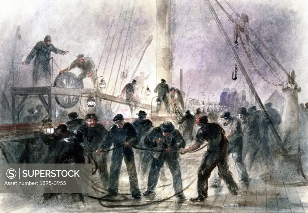 One of six watercolours by Robert Dudley of the Atlantic cable laying expedition of 1866, showing sailors on deck hauling rope beneath a stormy sky. I...