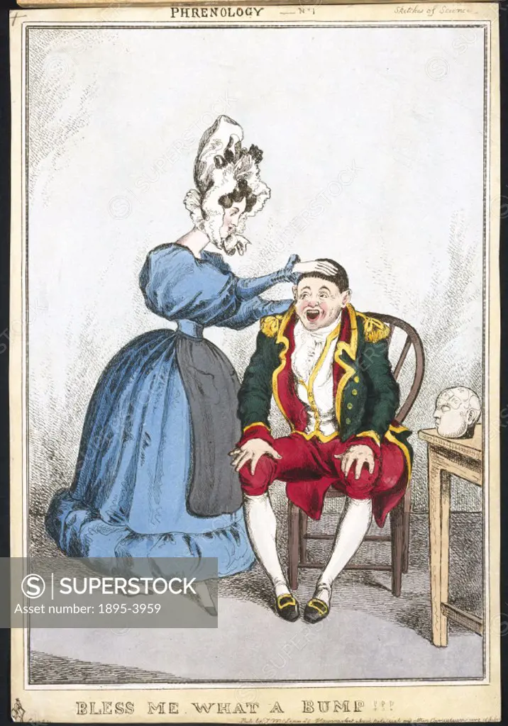 Hand-coloured engraving published by T McLean of 26 Haymarket, London, showing a woman examining a man´s head. The Viennese physician Franz Joseph Gal...