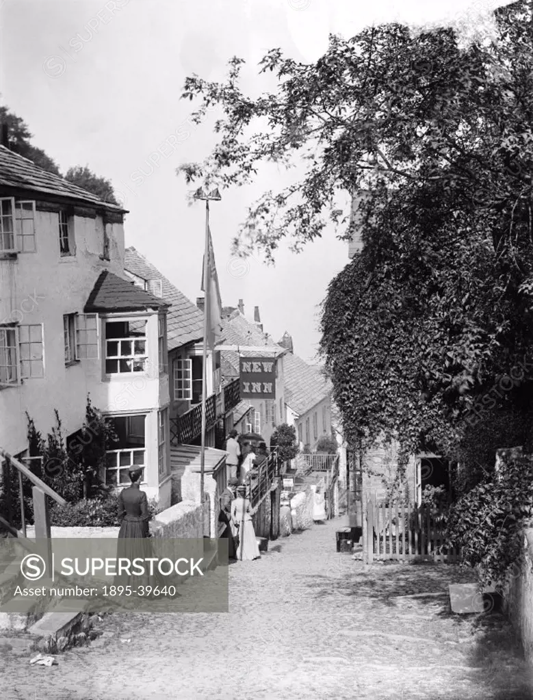 Main street in Clovelly, Devon, about 1905. The main street is called ´Up-a-long´ for people climbing the hill and ´Down-a-long´ for people going down...