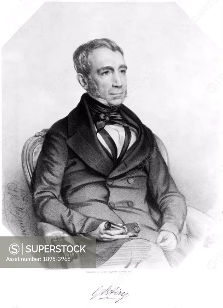 Lithograph by J K Maguire, published by George Ransome of Ipswich, showing the English astronomer and geophysicist, Sir George Bidell Airy (1801-1892)...