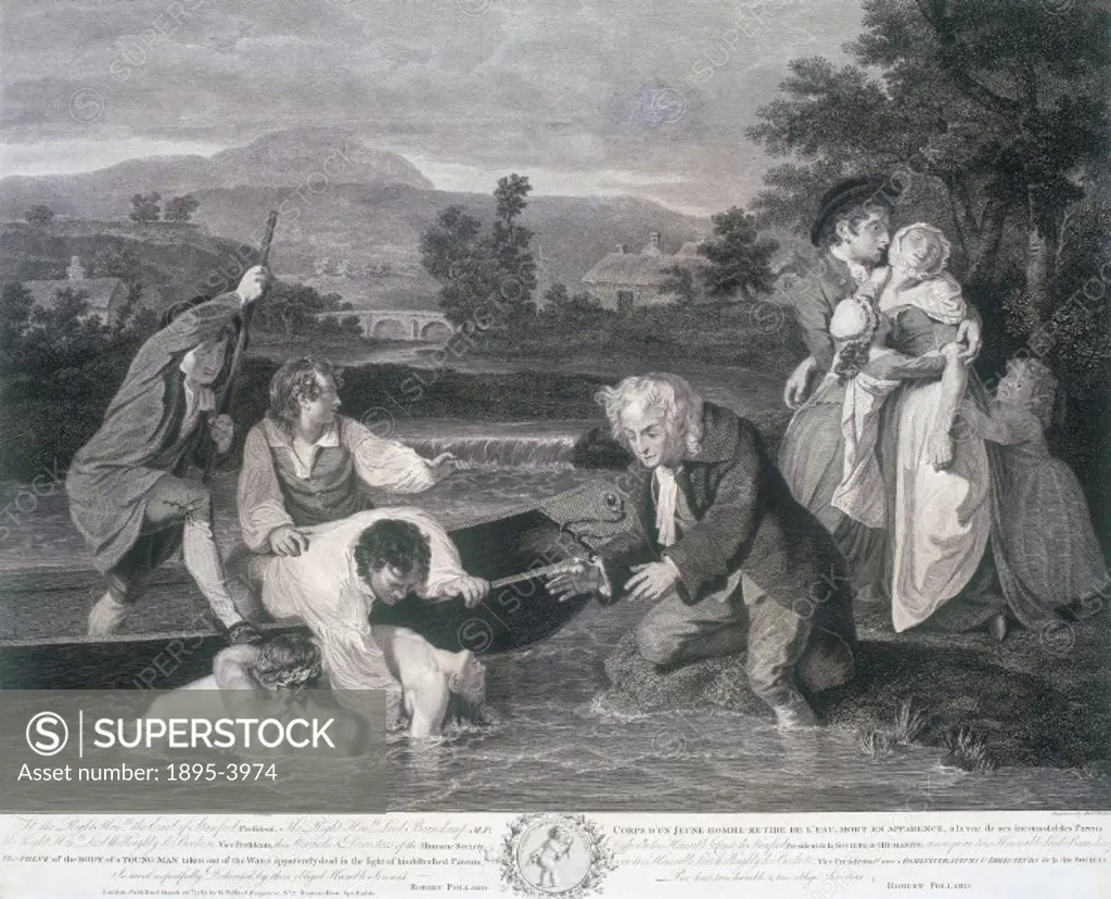 The Body of a Young Man Taken Out Of The Water Apparently Dead In The Sight Of The Distressed Parents´. Engraving by Robert Pollard, after a painting...