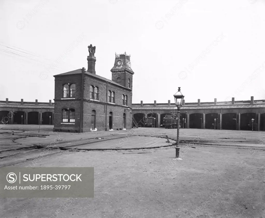 Running shed at Nine Elms works, London, 11 June 1902. A running shed was a small depot, where engines that were used on a daily basis were stored. Th...