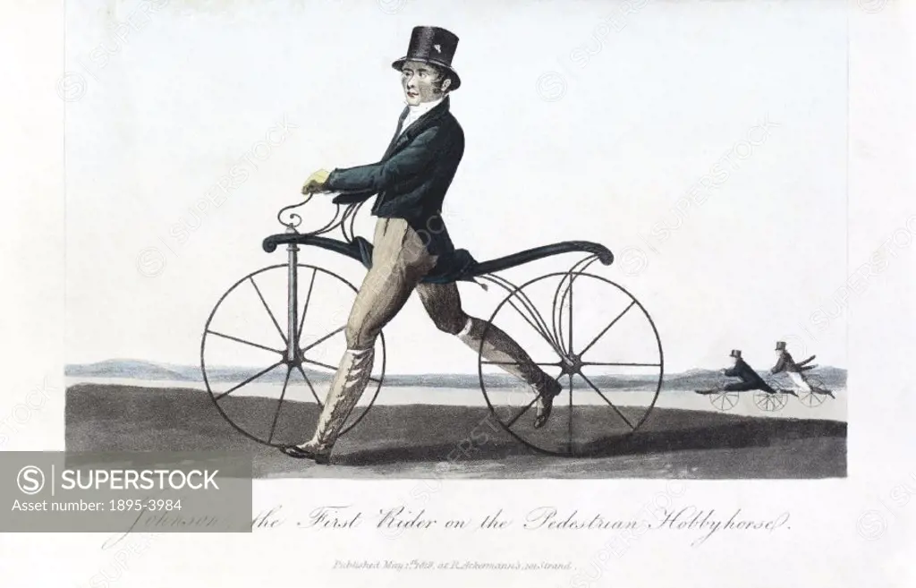 Coloured aquatint showing Denis Johnson who first imported the hobby horse into Britain in 1818. The forerunner of the bicycle, the hobby´ or ´dandy ...