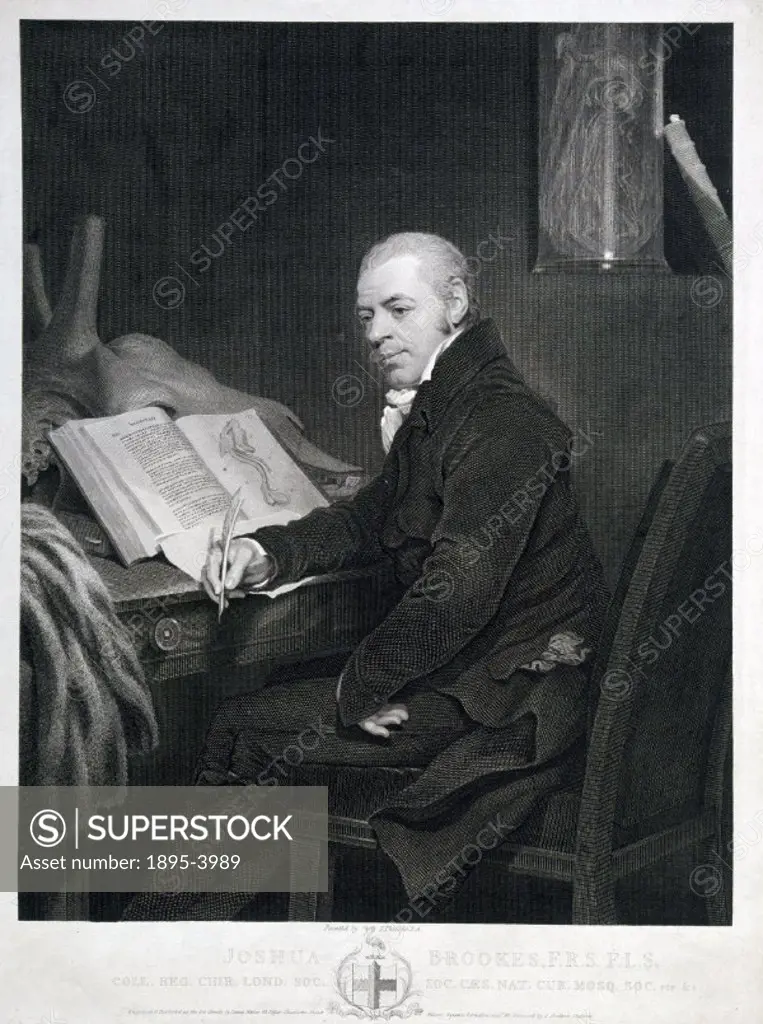 Engraving by James Fittler after a painting by Thomas Phillips. Brookes (1761-1833) is seated in front of a desk upon which there is an open copy of a...