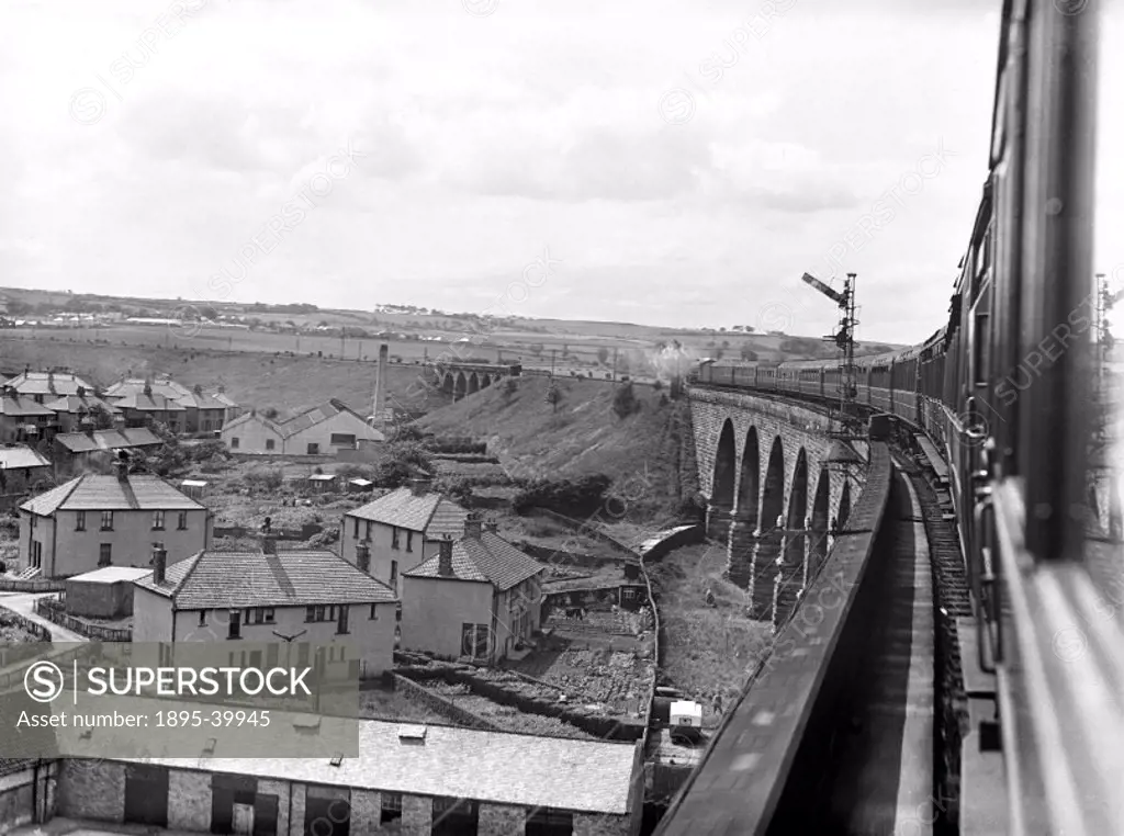 Royal Border Bridge, Berwick-upon-Tweed, taken from the window of a passenger train, by E R Wethersett, about 1935.  This bridge was designed by Rober...