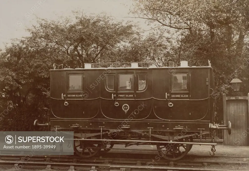 Composite coach number 59, photographed in front of Soho Cottage, Shildon, County Durham, 1875. This coach was built in 1845 and ran on the Stockton &...