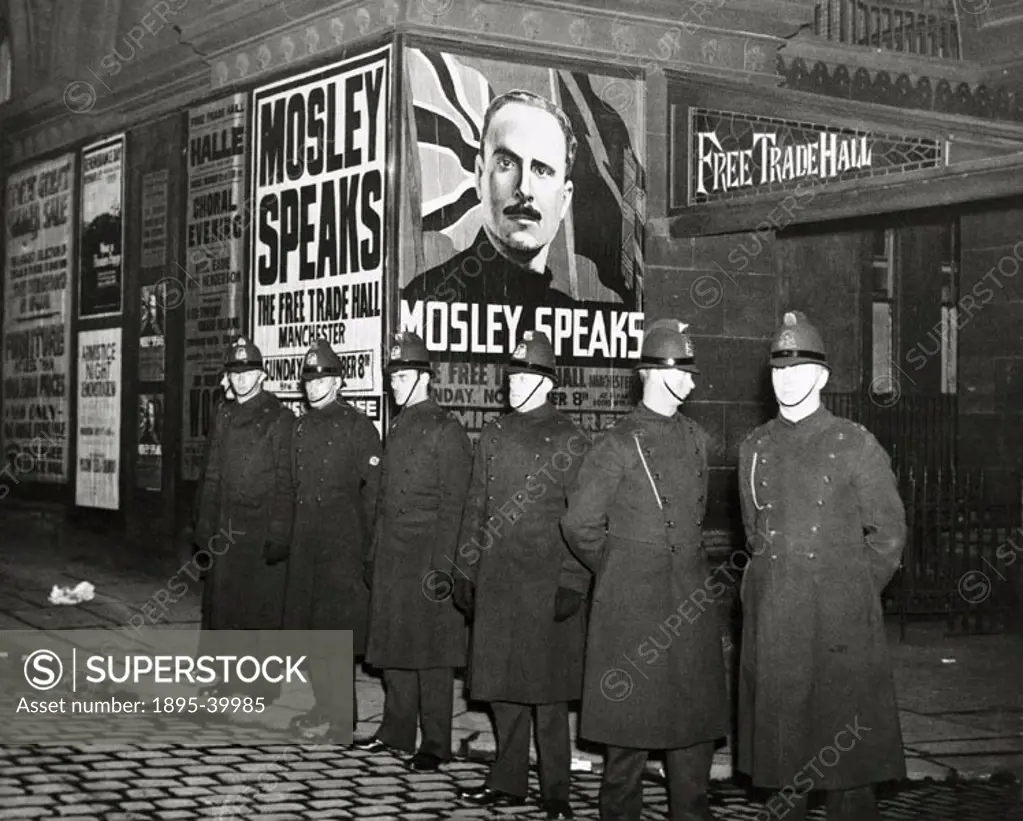 Police outside the Free Trade Hall, Manchester, before a speech by Oswald Mosley, leader of the BUF (British Union of Fascists). Mosley, an admirer of...