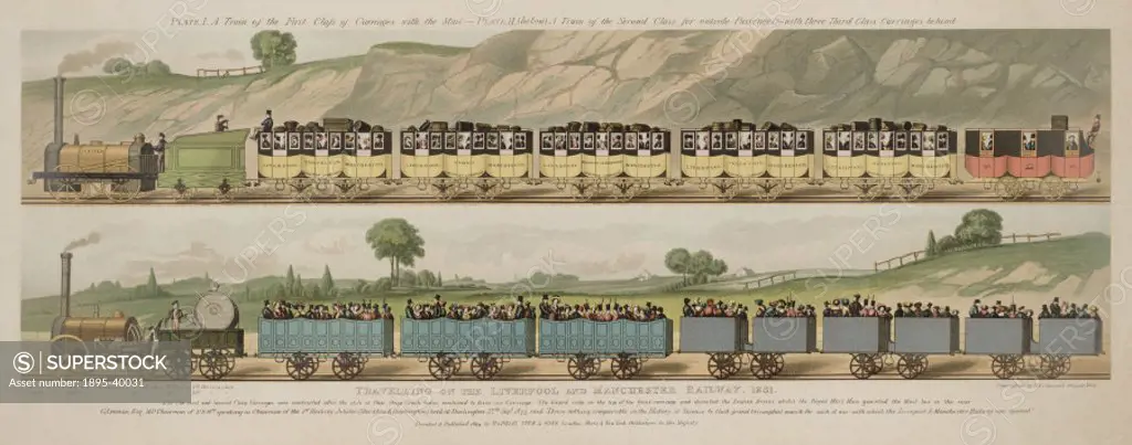 First, second and third class travel on the Liverpool & Manchester Railway, by Raphael Tuck and Sons, 1894.   The train at the top, hauled by an 0-4-0...