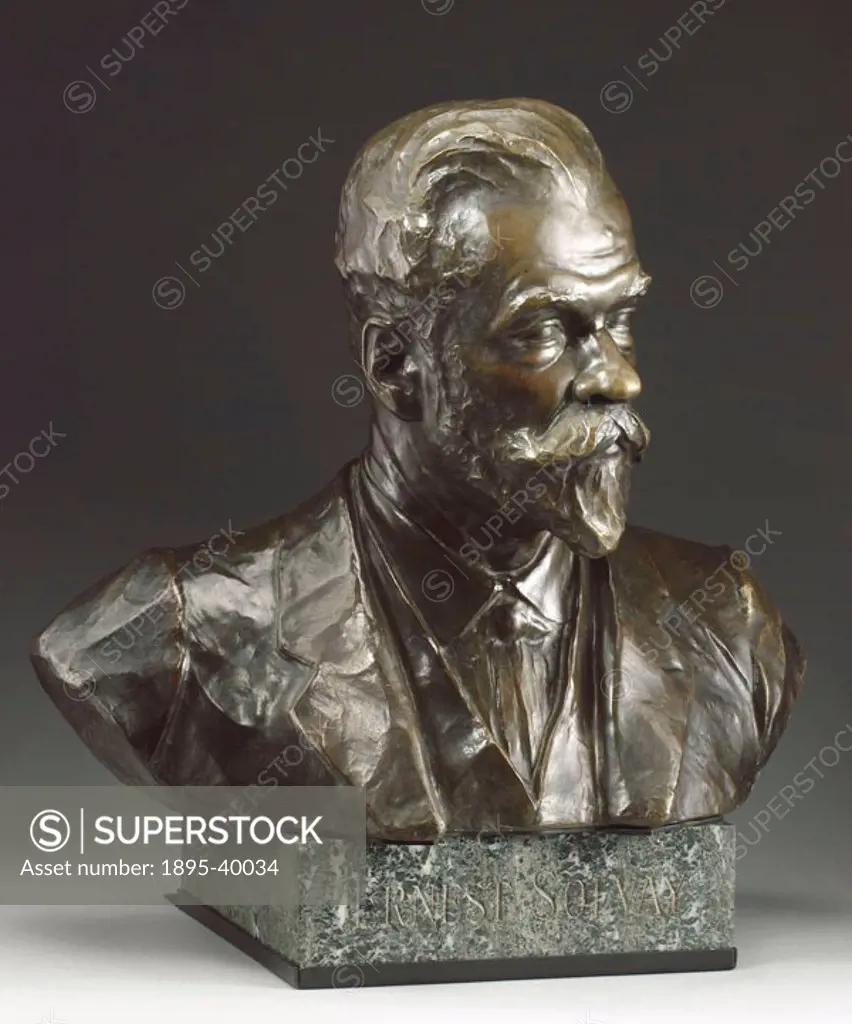 Bronze bust of Ernest Solvay (1838-1922) on a  marble plinth, made in 1913 for the 50th anniversary of his invention. Solvay was the first person to s...