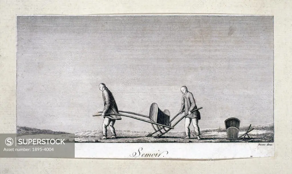 Semoir´ (Seed plough’); engraving by Deseve after Deguignes, from a book on China, showing two Chinese farm workers using a drilling tool to sow row...