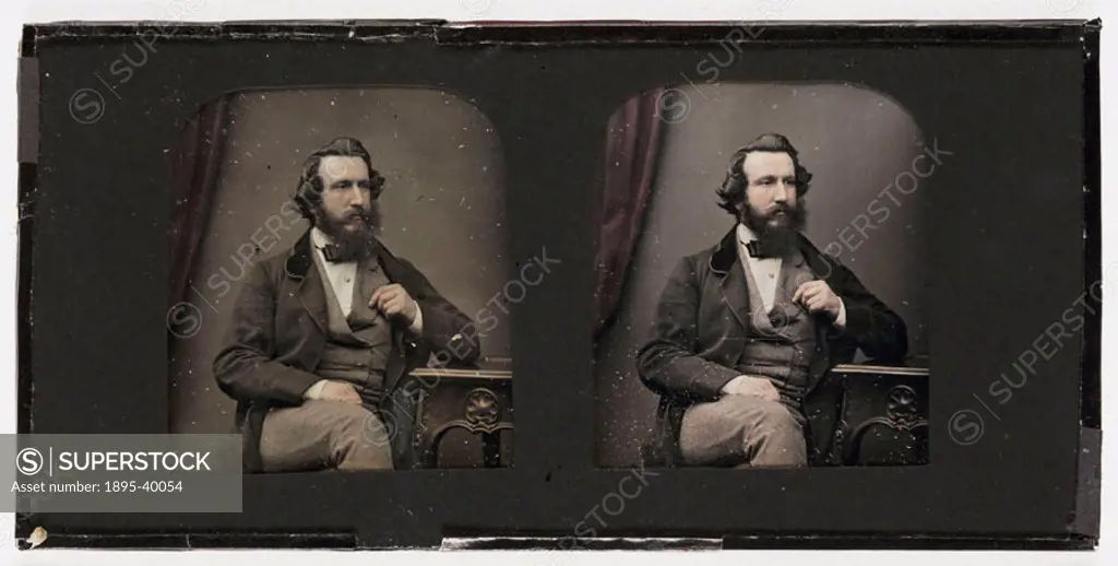 A hand-coloured stereoscopic daguerreotype portrait of Henry Claudet, taken at the studio of Antoine Claudet (1797-1867). Henry Claudet was one of Ant...